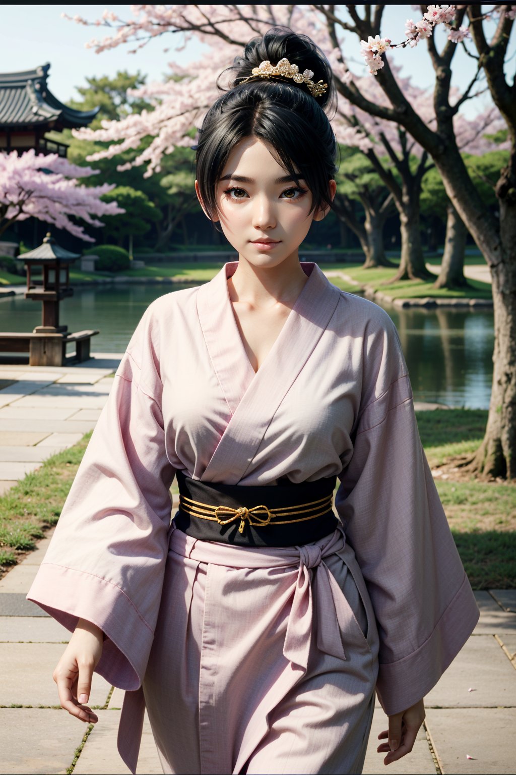 ((ultra detailed, masterpiece, absurdres)) <lora:DOAMomiji:0.9>DOAMomiji, 1girl, ponytail, long hair, walking in a serene Japanese park with cherry blossoms, yukata, and a hair ornament