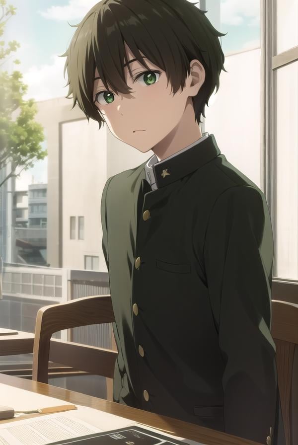 houtarouoreki, <lora:houtarou oreki s1-lora-nochekaiser:1>,houtarou oreki, short hair, bangs, black hair, hair between eyes, (green eyes:1.5), male focus,BREAK school uniform, gakuran,BREAK indoors, classroom,BREAK looking at viewer, (cowboy shot:1.5),BREAK <lyco:GoodHands-beta2:1>, (masterpiece:1.2), best quality, high resolution, unity 8k wallpaper, (illustration:0.8), (beautiful detailed eyes:1.6), extremely detailed face, perfect lighting, extremely detailed CG, (perfect hands, perfect anatomy),