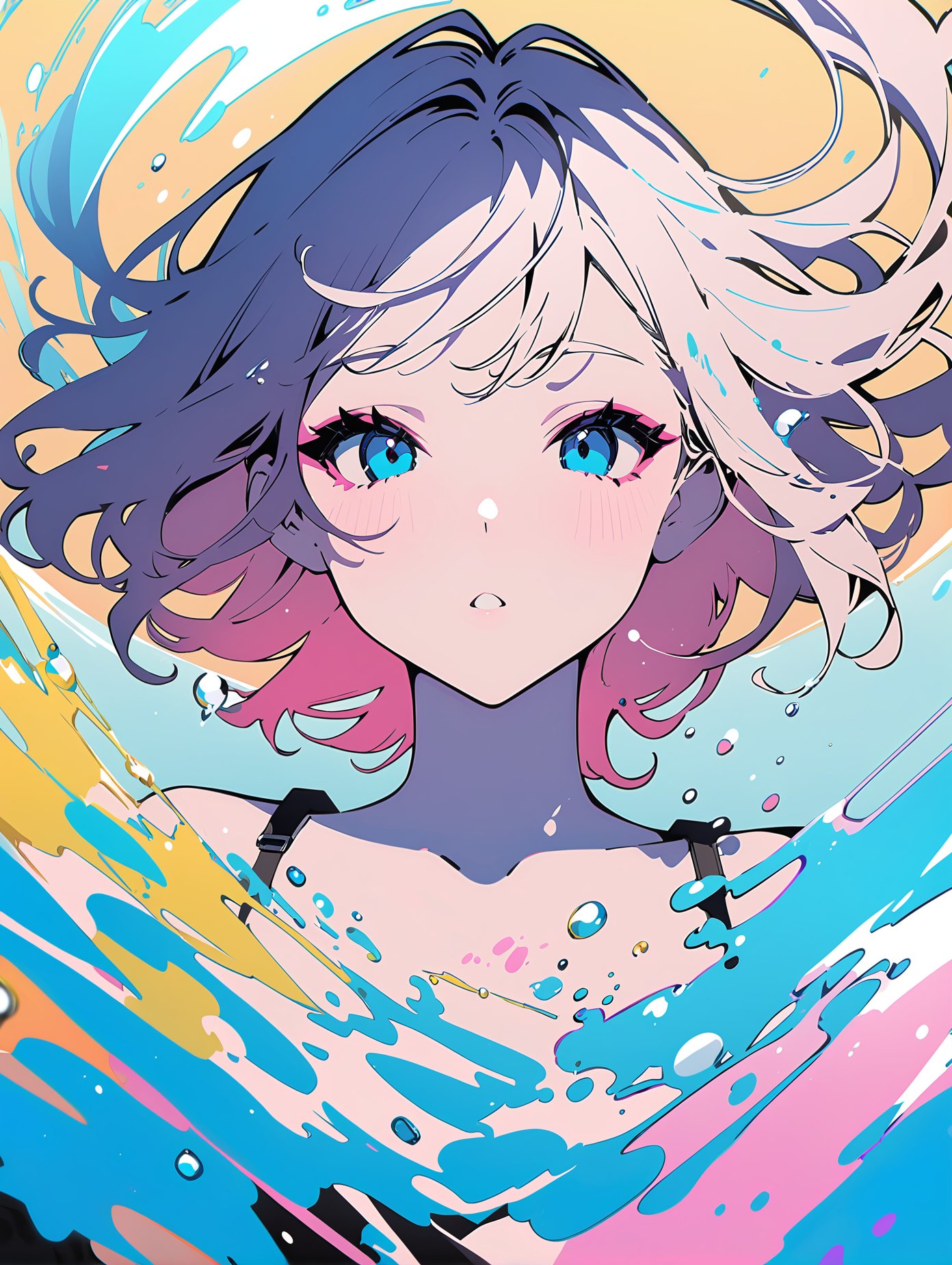 masterpiece,best quality,(flat color:1.1),colorful,1girl,solo,floating colorful water,2D,