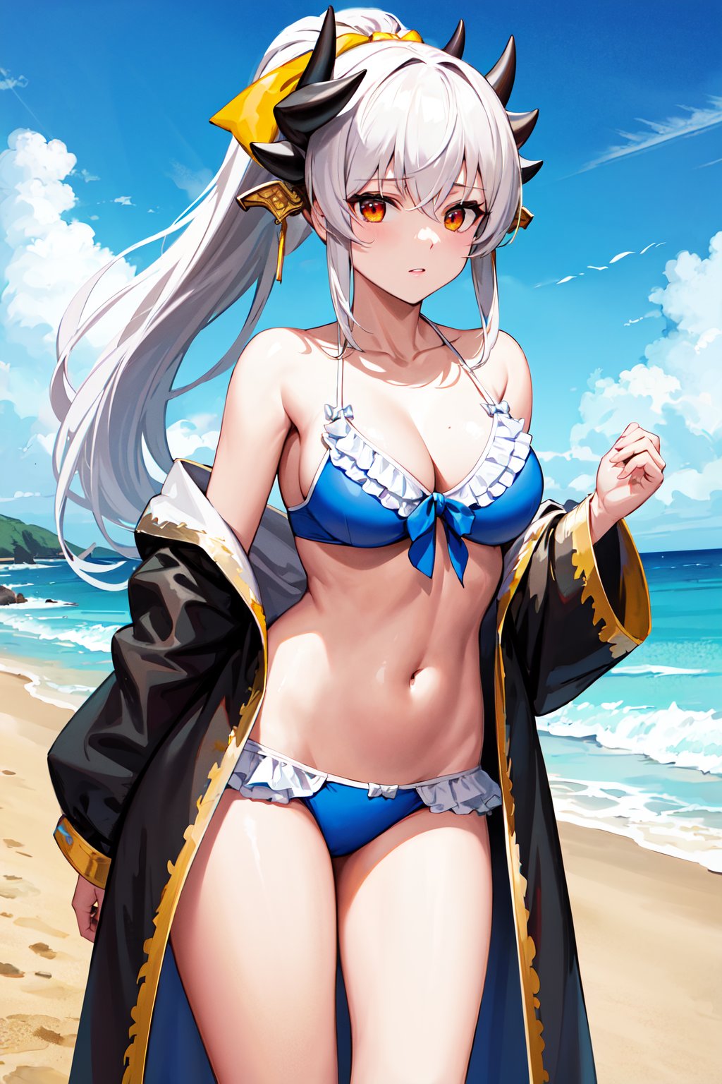 masterpiece, best quality, highres, cckiyo, long hair, white hair, ponytail, black horns, hair bow, hair ornament, yellow bow, red eyes, collarbone, bare shoulders, cleavage, frilled bikini, blue bikini, off shoulder, black jacket, open clothes, <lora:kiyohime_(lancer)_v1:0.7>, beach, standing, cowby shot