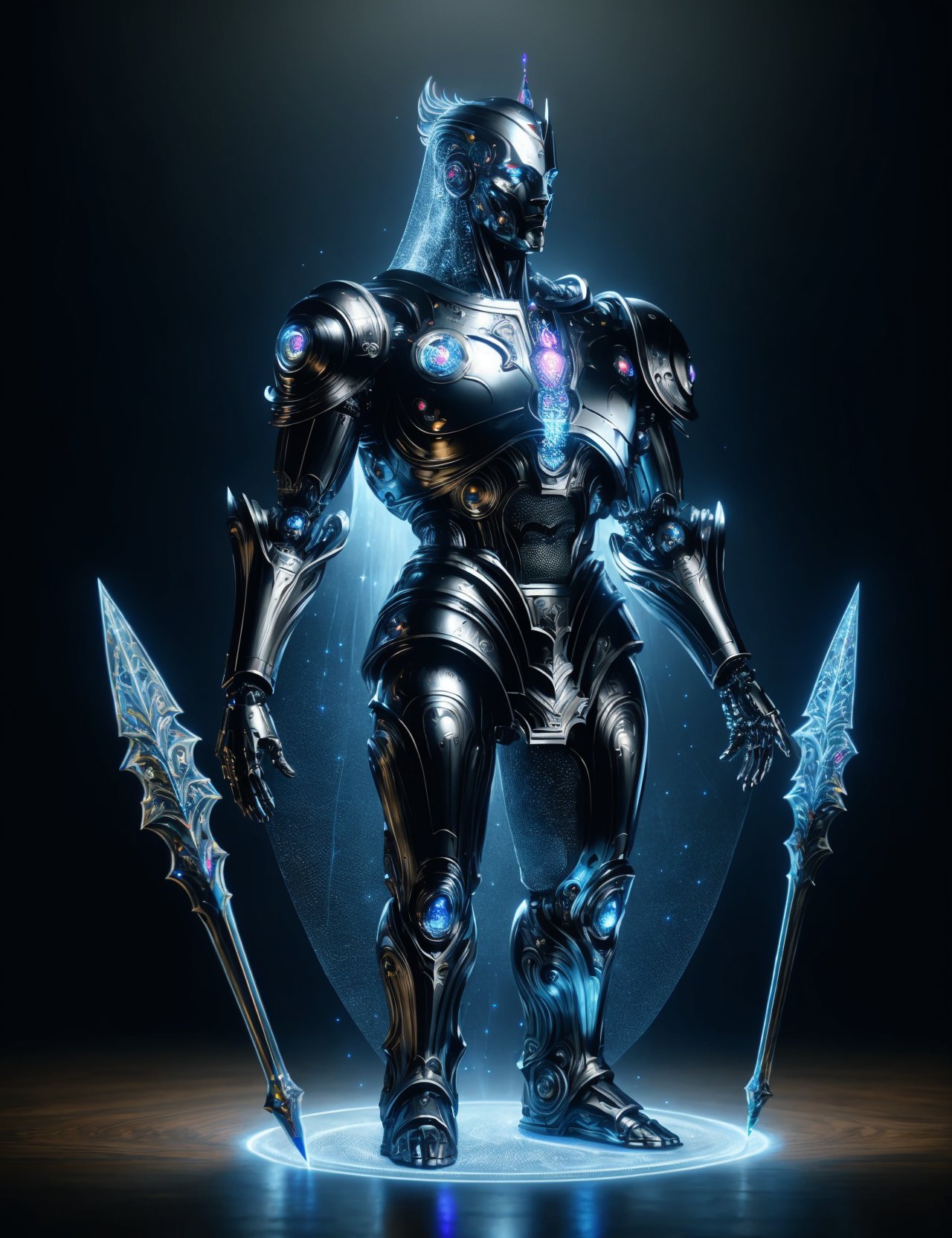 hyper detailed masterpiece, dynamic, awesome quality,DonMSt33lM4g1c male artificial intelligence (ais)- digital entities represented as holographic projections or glowing avatars, king,, wooden spear, made of steel <lora:DonMSt33lM4g1c-000008:0.8>