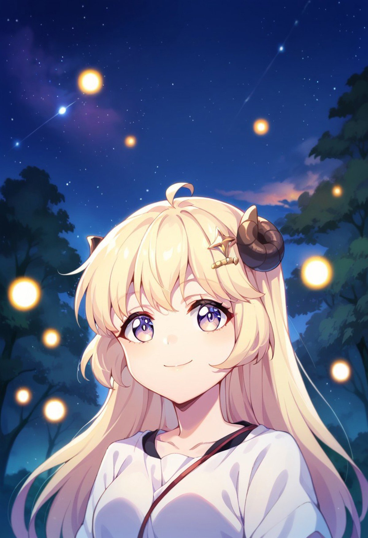 score_9, score_8_up, score_7_up, tsunomaki watame, night, star (sky), looking at viewer, hair ornament, smile, standing, tree, sunset, upper body, closed mouth