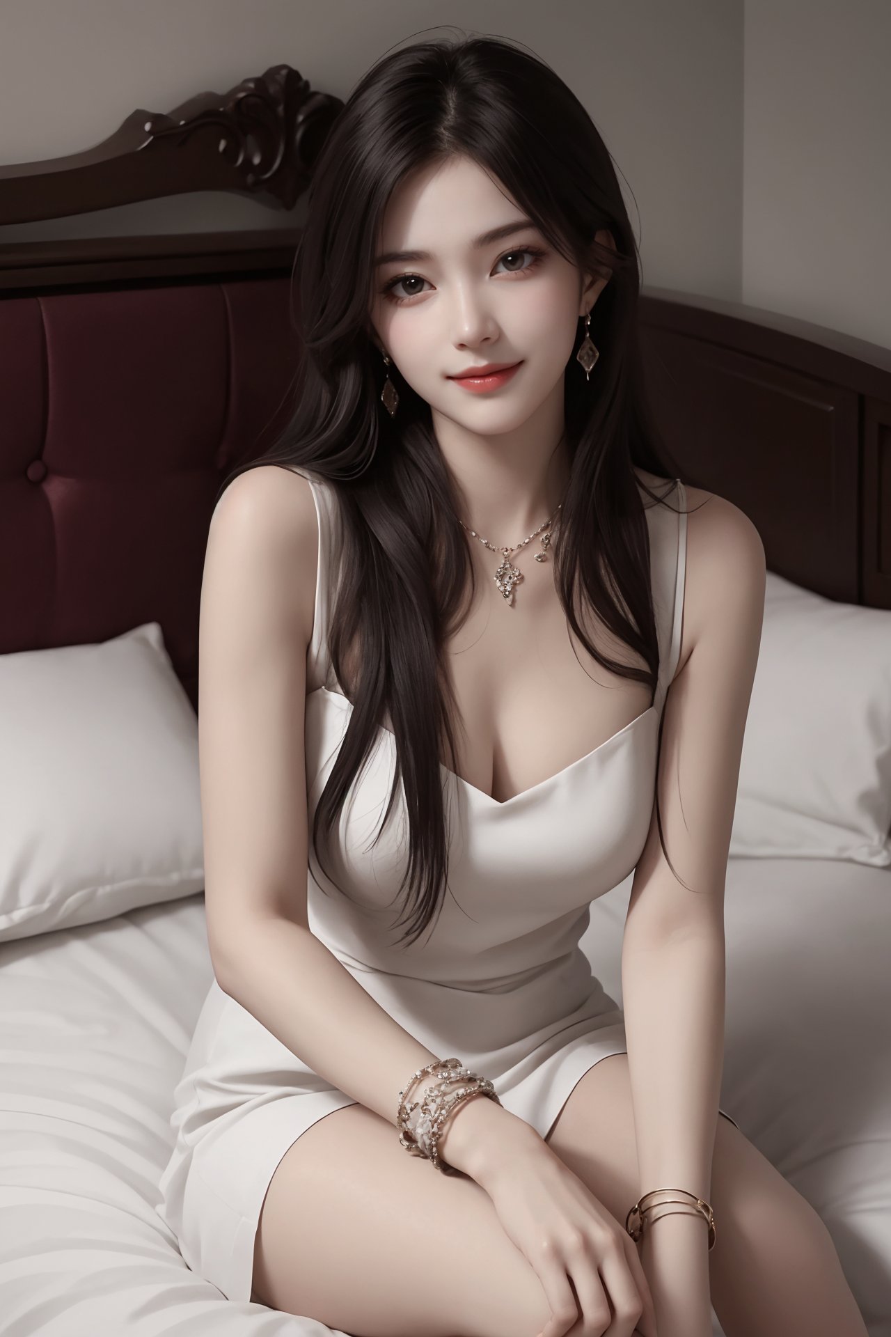 1girl, bed, black hair, bracelet, dress, jewelry, lips, long hair, looking at viewer, pillow, realistic, sitting, smile, solo, watch, wristband, wristwatch <lora:jk美女:0.8>