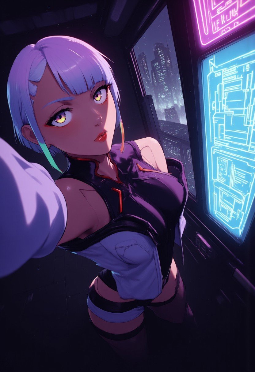 mad-neon-noir, lighting is dark and moody, indoors, penthouse, window show a city landscape at nighttime, short hair, lucy (cyberpunk), 1girl, bangs, multicolored hair, red eyeliner, jacket, makeup, cyberpunk, white hair, bare shoulders, red lips, multicolored eyes, bodysuit, off-shoulder jacket, breasts, parted bangs, night, open clothes, off shoulder, blunt bangs, Selfie, standing, breast exposed, nipples, Lucy's eyes are glowing and she has a serious look on her face. Neon sign that reads "Selfie Flux 1.0"