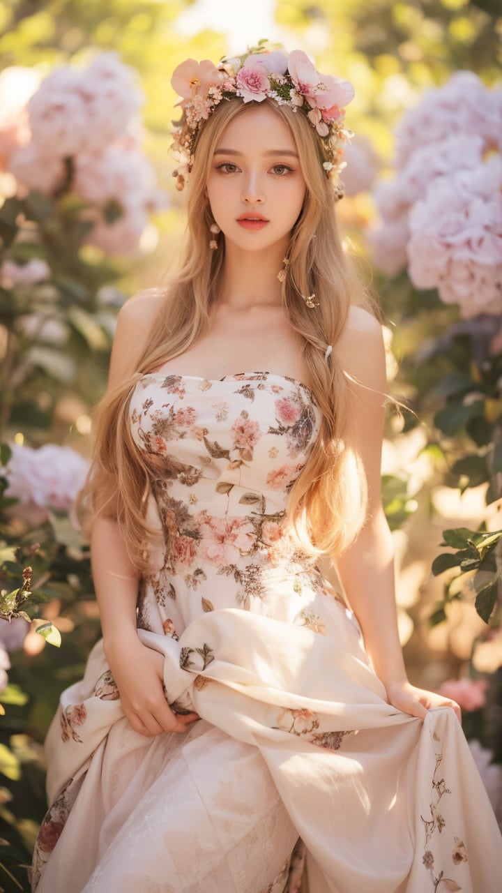 1girl, solo, long hair, breasts, looking at viewer, blue eyes, blonde hair, hair ornament, dress, bare shoulders, standing, flower, parted lips, hair flower, blurry, blurry background, floral print, pink dress, skirt hold, head wreath, RAW photo, (masterpiece:1.3), subsurface scattering, heavy shadow, (high quality:1.4), (intricate, high detail:1.2), professional photography, HDR, High Dynamic Range, realistic, ultra realistic, photorealistic, high resolution, film photography, DSLR, 8k uhd, Fujifilm XT3