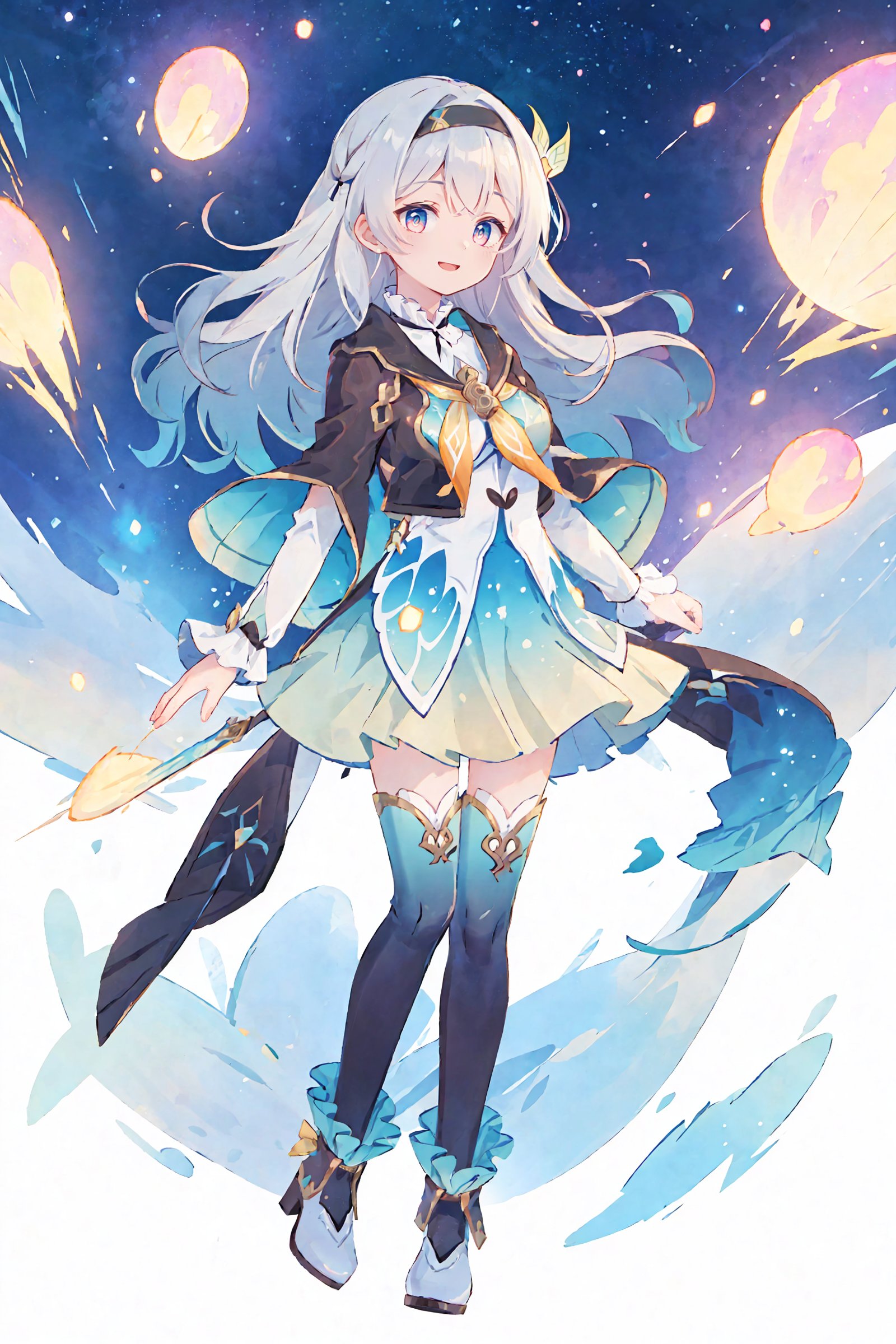 1girl, firefly \(honkai: star rail\), solo, black thighhighs, hairband, gradient skirt, hair ornament, blouse, frilled collar, frilled boots, cropped jacket, yellow neckerchief, full body, looking at viewer, floating, floating hair,  depth of field, space, nebula, starry sky, light smile, hand in own hair