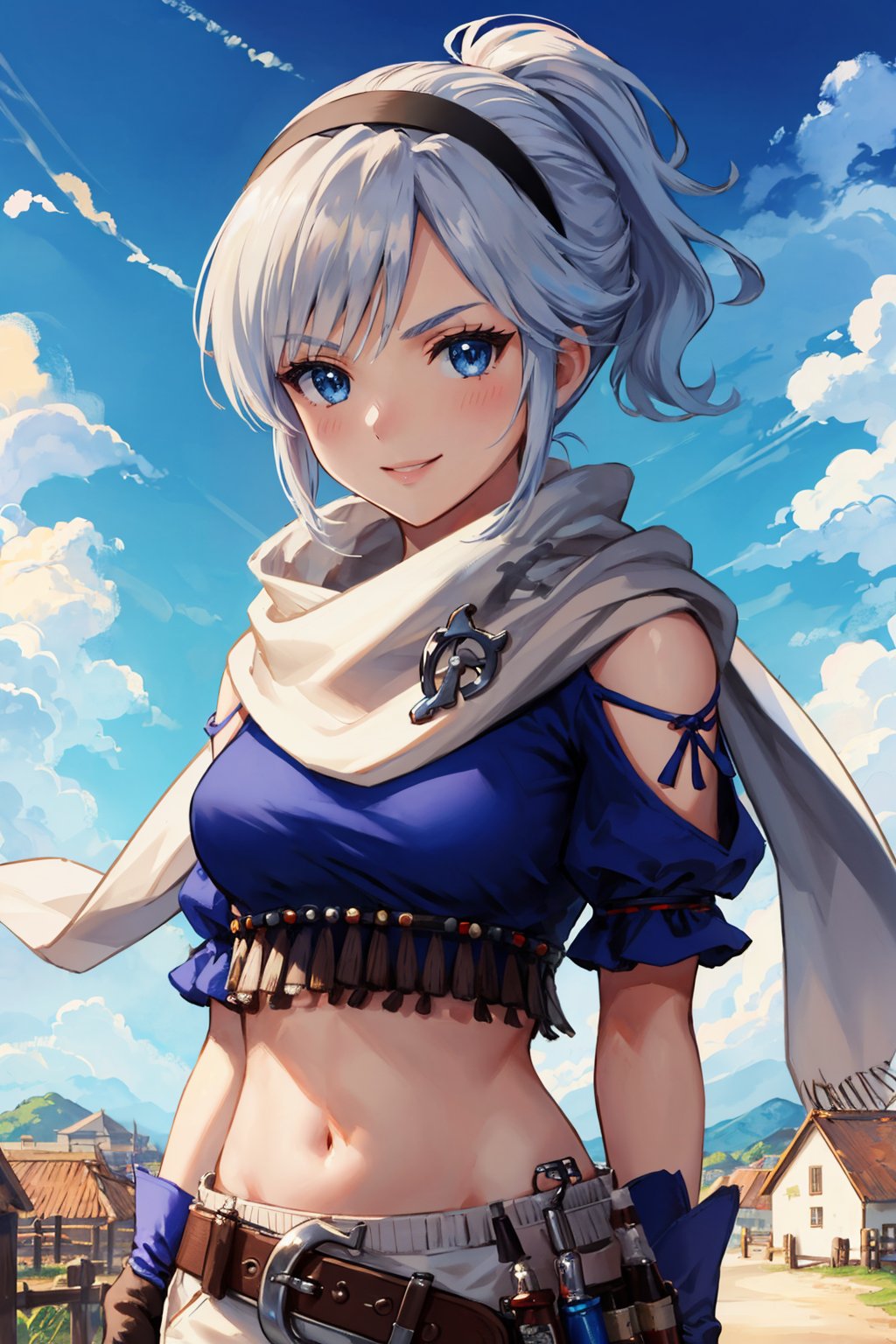 masterpiece, best quality, 1girl,  <lora:adelle-nvwls-v1-000009:0.9> adelle, short ponytail, black hairband, white scarf, blue shirt, midriff, white pants, belt, fingerless gloves, medium breasts, looking at viewer, smile, blue sky, village, autumn, furrowed brow, upper body