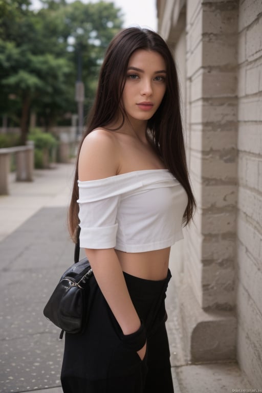 1 girl, alone, long hair, looking at viewer, black hair, holding, white shirt, brown eyes, standing, full body, outdoors, pants, off the shoulder, bag, black shoes, high heels, lips, pants black, bag, realistic, holding bag, brick wall, fashion<lora:EMS-84091-EMS:1.000000>, <lora:EMS-154646-EMS:0.800000>