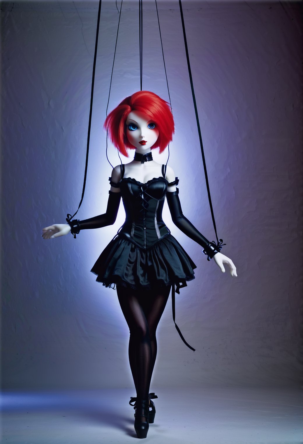 marionetka, a puppet with red hair and a black corset, is suspended by 