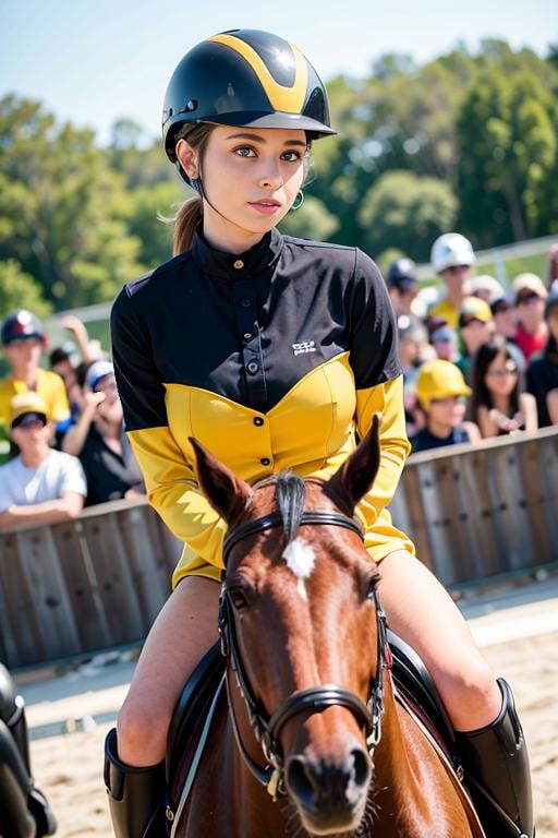 photo of a woman, (wearing equitation_outfit, wearing helmet:1.3), yellow equitation_outfit,good hand,4k, high-res, masterpiece, best quality, head:1.3,((Hasselblad photography)), finely detailed skin, sharp focus, (cinematic lighting), night, soft lighting, dynamic angle, [:(detailed face:1.2):0.2], medium breasts,(((in front of a crowd))), outside,   <lora:equitation_outfit-10:0.5>