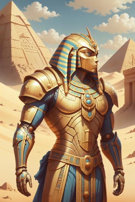 masterpiece, best quality, absurdres,  <lora:EgyptianWorld:1> egyptianworld, engravings, 1man, armoured, knight, helmet, looking off into the distance,