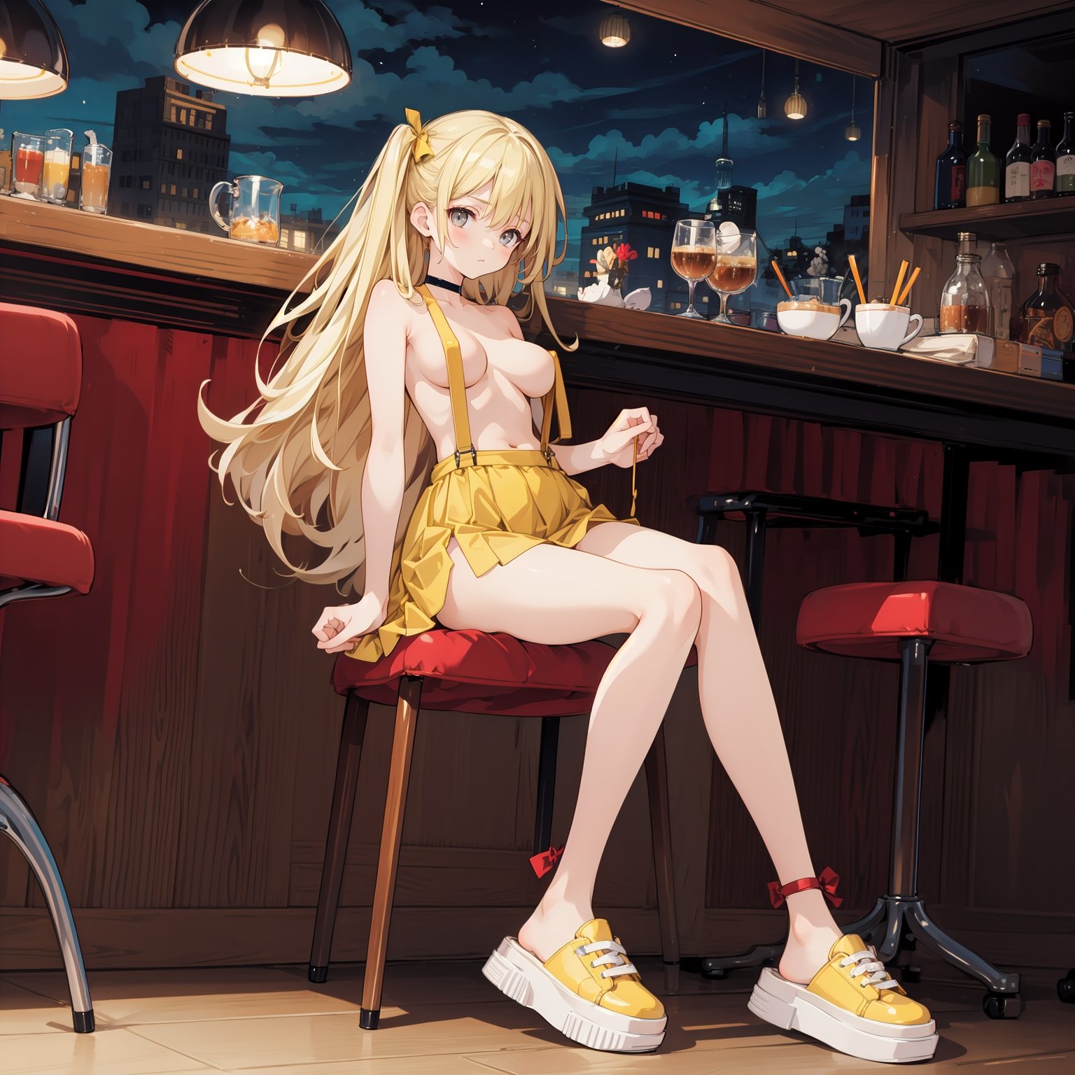 masterpiece,4k,highres,colorful,highest detailed,Gorgeous background, 1girl,solo,(full body:1.2),(shoelaces,sneakers,sneakermules),yellow_footwear,heel_pop, green theme, sitting,arm_support,very long hair,straight hair,blonde hair, grey eyes,expressionless,frown,leaning back, indoors,cafe,chair,table,coffee,bar,stall,night,midnight, ((naked suspender skirt)),breasts,bare_shoulders,bare arms,ankle_ribbon, ankle_bow,(no bra,topless),choker,bare legs,no pants,sleeveless,looking_down,from_below,navel,large_breasts,