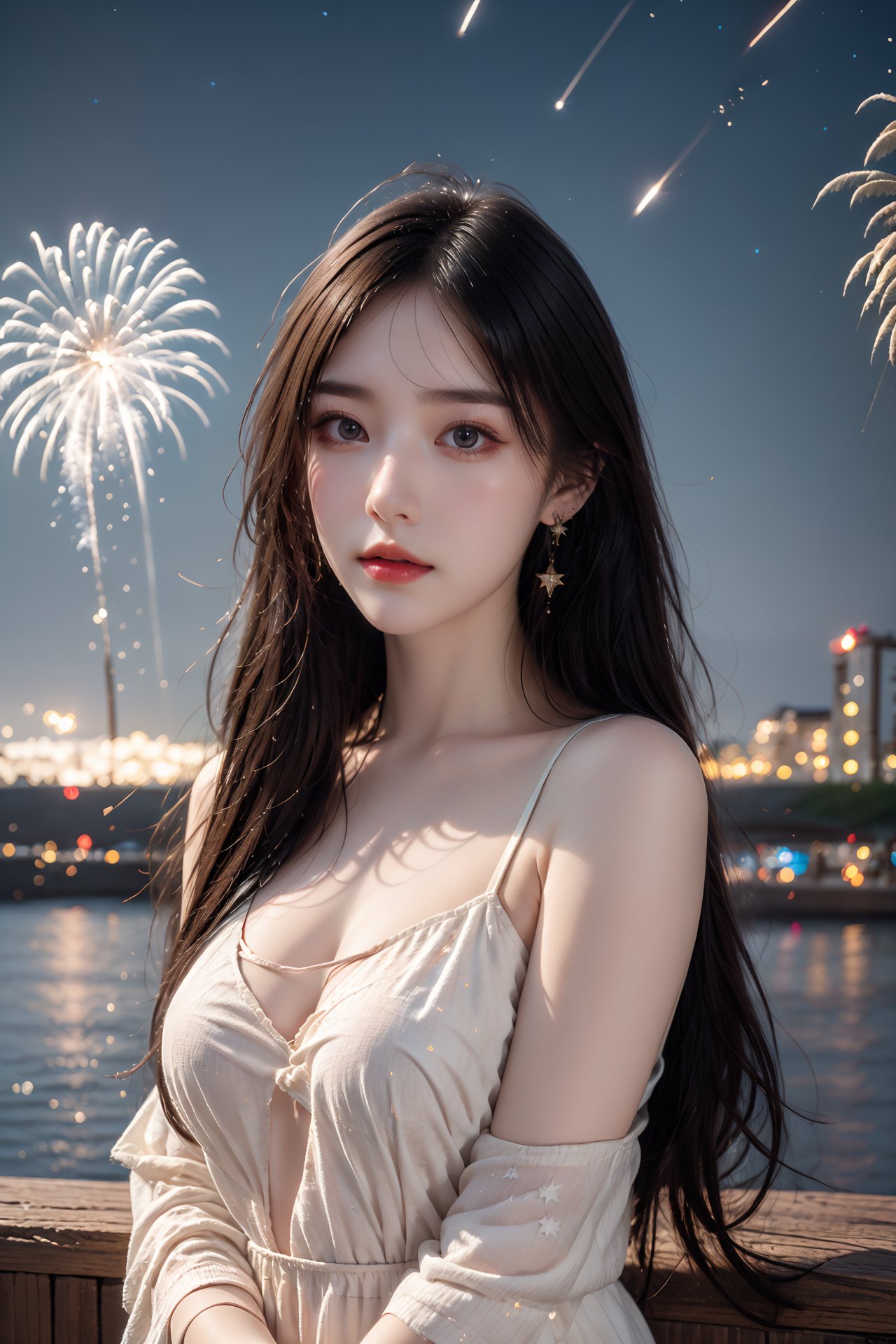 1girl, aerial fireworks, angel,  artist name, aurora, city lights, constellation, crescent moon, dove, dress, earrings, earth \(planet\), feathers, fireworks, flying, full moon, galaxy,  halo, jewelry, l light particles, long hair,milky way, moon,  night, night sky, pegasus, planet, shooting star, sky, solo, space, sparkle,  star \(sky\), star \(symbol\), starry background, starry sky, starry sky print, tanabata, white feathers, <lora:2.0:0.8>