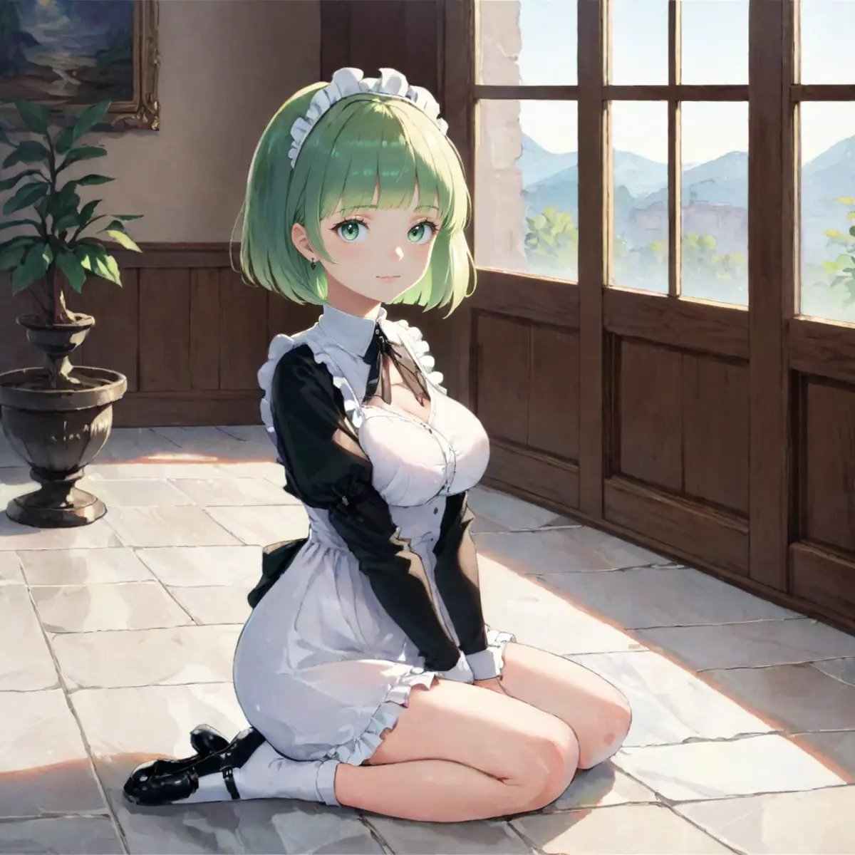 (raytracing, HDR, Victorian:1.4)BREAK maid outfit, short skirt with lace hemline, Mary Janes, ruffled socks, marble floor, potted plants, chandeliers, window, door, gold furnitureBREAK light green hair, green eyes, bob cut with blunt bangsBREAK (from side, sitting on floor, seiza, full body:1.2) <lora:STFD_V2:1>