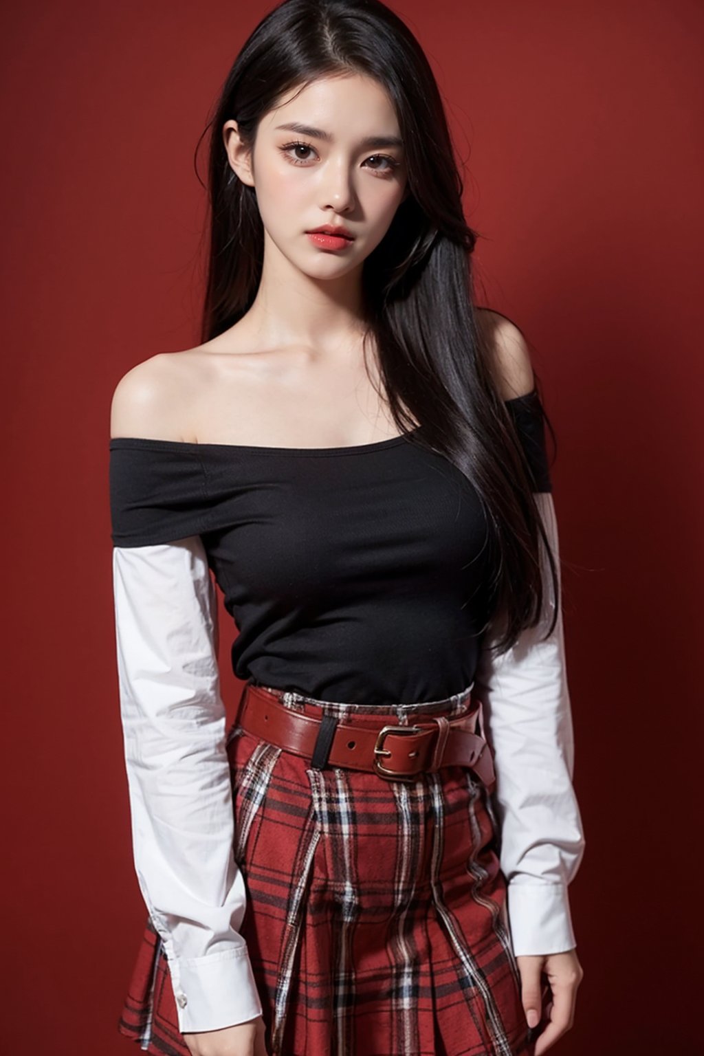 1girl, solo, skirt, black hair, realistic, long hair, looking at viewer, shirt, bare shoulders, black skirt, red background, off-shoulder shirt, plaid shirt, collarbone, plaid, belt, brown eyes, long sleeves, cowboy shot