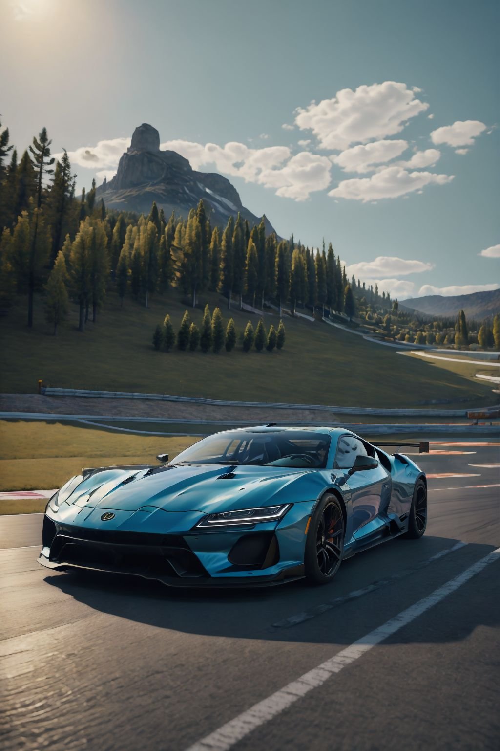 ultra realistic 8k cg,picture-perfect face,flawless,clean,masterpiece,professional artwork,famous artwork,cinematic lighting,cinematic bloom,sports car,outdoors,sky,cloud,tree,no humans,shadow,ground vehicle,scenery,motor vehicle,car,road,vehicle focus,sports car,