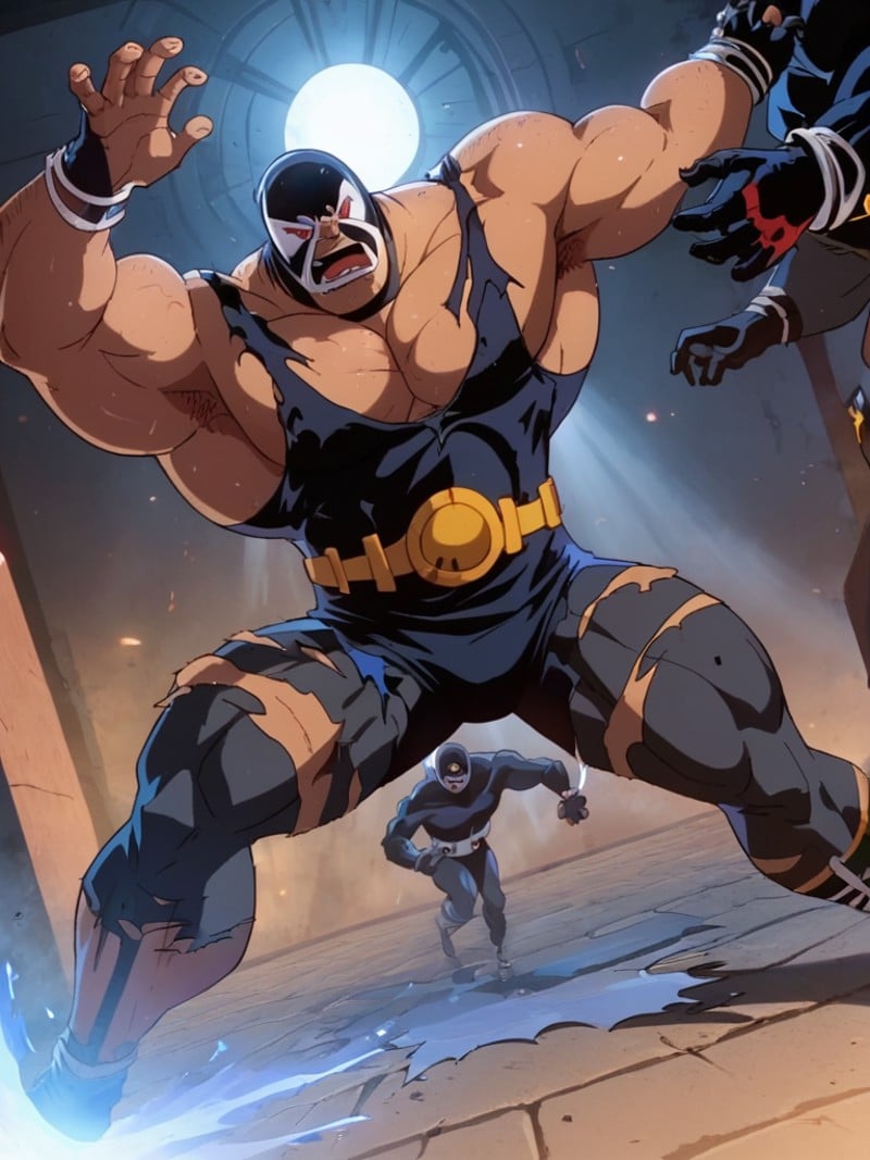 score_9, score_8_up, score_7_up, volumetric lighting, bane, open mouth, 1boy, male focus, multiple boys, 2boys, fingerless gloves, torn clothes, bodysuit, mask, thick thighs, pectorals, muscular male, bara, manly, thick arms, <lora:batman_pony_v1:0.9>