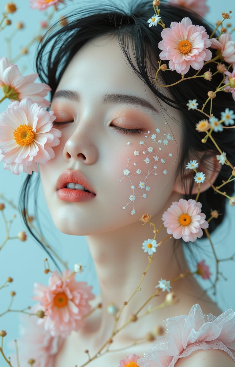 A serene and ethereal portrait of a woman adorned with delicate flowers, her eyes gently closed as if in tranquility or perhaps lost within an artistic dreamscape