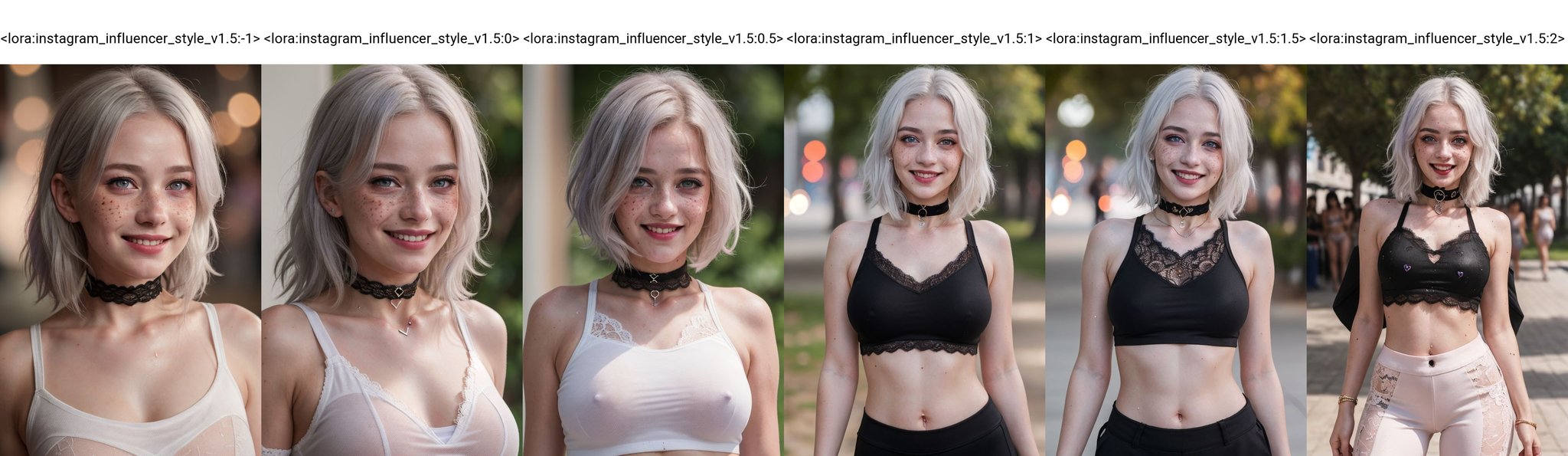 (best quality, 4k, 8k, highres, masterpiece:1.2), ultra-detailed, photorealistic, photography,1girl, heart-shaped pupils,, white hair, purple eyes, blush, choker, upper body, trembling, sweat, sweat drop, heart, love, heart, crop top, happy, smile, lace, bokeh, freckles, natural skin texture<lora:instagram_influencer_style_v1.5:-1>