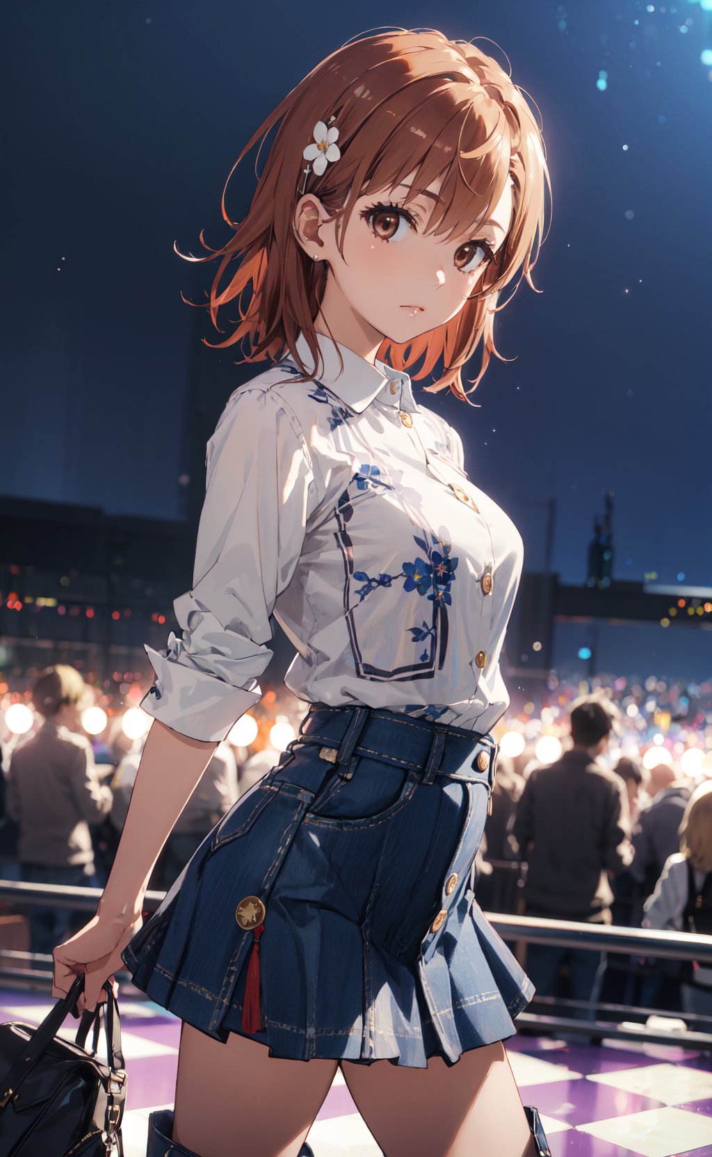 <lora:Misaka-000001:0.8>,Misaka CYQL,1girl,looking at viewer,solo,brown hair,short hair,hair ornament,hairclip,hair flower,brown eyes,(Plaid_button-down_shirt:1.5),(Denim_skirt:1.4),(Combat_boots:1.3),(Music_festival_background:1.4),Olive trees, Sea views, Whitewashed buildings, Olive harvest, Aegean breeze, Greek charm,(seductive_smile:1.2),(panorama:1.1),from_side,beautiful detailed sky,beautiful detailed glow,posing in front of a colorful and dynamic background,masterpiece,best quality,beautiful and aesthetic,contrapposto,female focus,wallpaper,