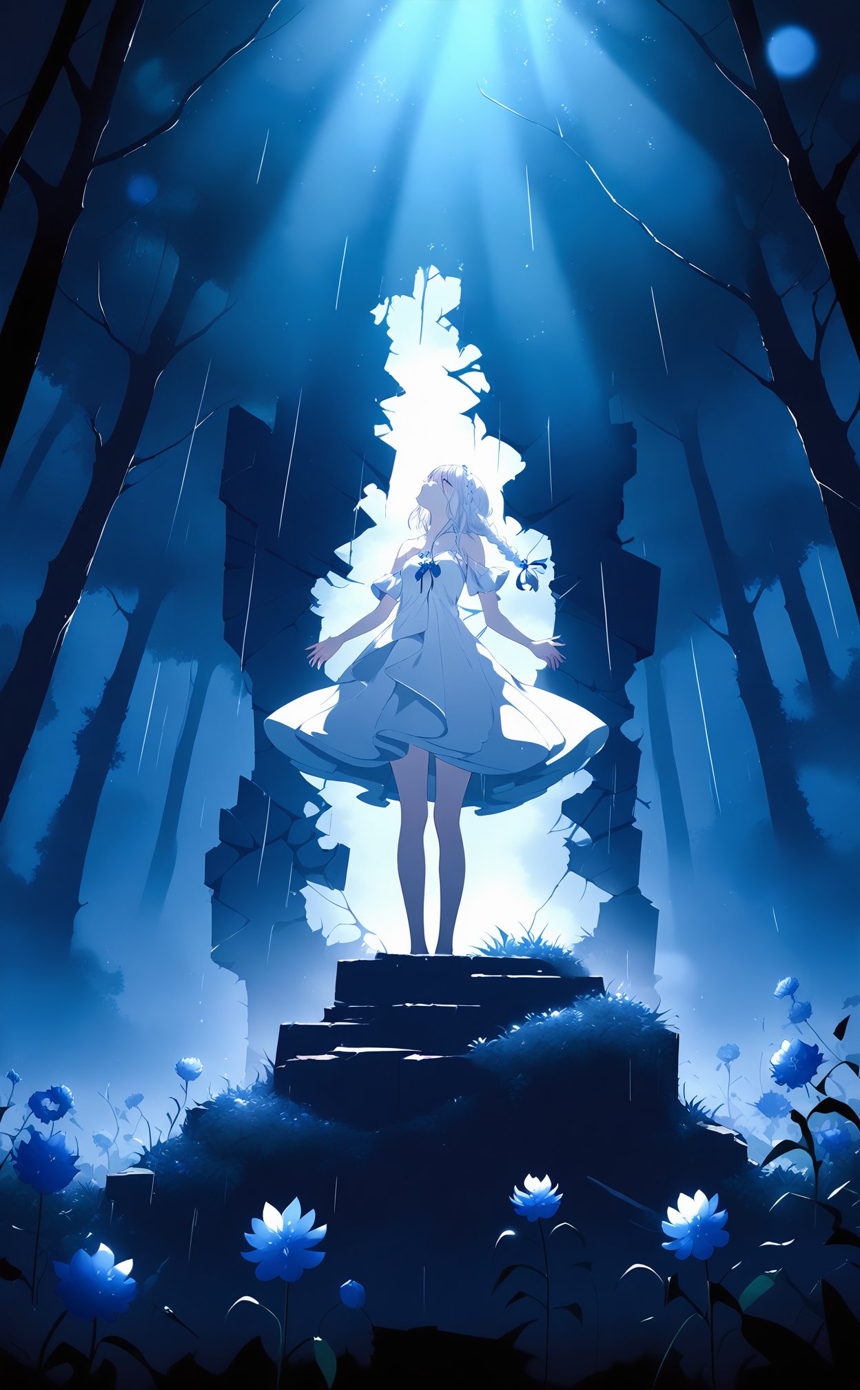 masterpiece,best quality,high quality,(colorful),nai3 Style,loli,bust,late at night,dark,light rain,dark,contrast,phenomenal aesthetic,(detailed light),light rain,dark,(((Cornflower))),cornflower,cornflower,vines,forest,ruins,Blurred picture,lens flare,hdr,Tyndall effect,damp,wet,1girl,bare shoulders,cold theme,broken glass,broken wall,aqua theme,white hair,blinking,white dress,closed mouth,constel lation,flat color,braid,white robe,float,constel lation,looking up,standing,solo,