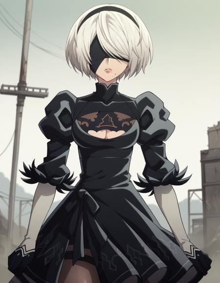 score_9, score_8_up, score_7_up, source_anime,2b, <lora:2b-s1-ponyxl-lora-nochekaiser:1>,2b, yorha no. 2 type b, short hair, white hair, hairband, mole, black hairband, mole under mouth, blindfold, covered eyes, black blindfold,gloves, long sleeves, dress, puffy sleeves, black dress, clothing cutout, cleavage cutout, juliet sleeves, feather-trimmed sleeves,outdoors, wasteland,solo, dutch angle, looking at viewer, cowboy shot,