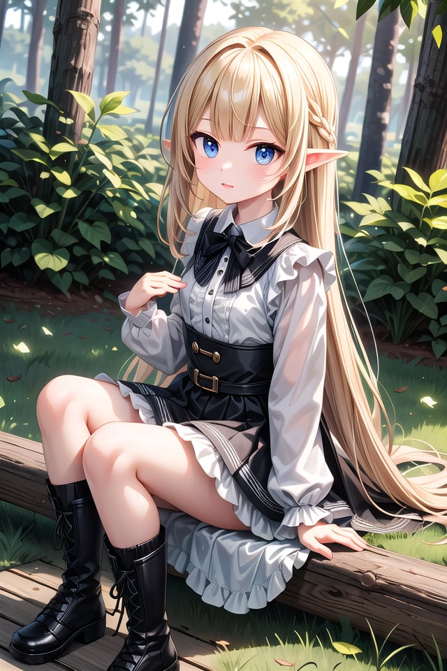 insanely detailed, absurdres, ultra-highres, ultra-detailed, best quality,1girl, solo, nice hands, perfect handsBREAKelf girl, bootsBREAKsitting on branch,from above,looking up,cowboy shot, looking at viewerBREAKslender, kawaii, perfect symmetrical face, ultra cute girl, ultra cute face, ultra detailed eyes, ultra detailed hair, ultra cute, ultra beautifulBREAKin forest, ground, leaf, butterfly, (wide shot magnificent view:1.2),(dappled sunlight:1.2), blurry, (depth of field:1.1)BREAKshiny hair, blonde hair, blunt bangs