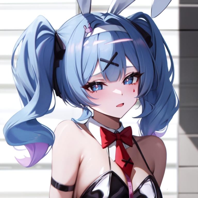 <lora:BunnyMiku:1> hatsune miku, hair ornament, blue hair, rabbit ears, playboy bunny, twintails, bangs, leotard, blue eyes, x hair ornament, detached collar, (masterpiece, best quality, high quality, highres, ultra-detailed)