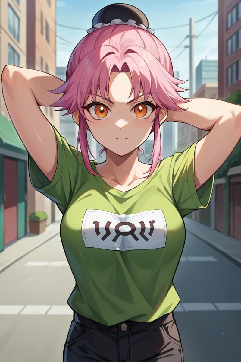 score_9, score_8_up, score_7_up, score_6_up, source_anime, BREAK 1girl, solo  <lora:dqmaam-pdxl-nvwls-v1-000005:1> martialMaam, pink hair, orange eyes, hair bun, short hair, green t-shirt, black pants, city, looking at you, medium breasts, arms behind head,