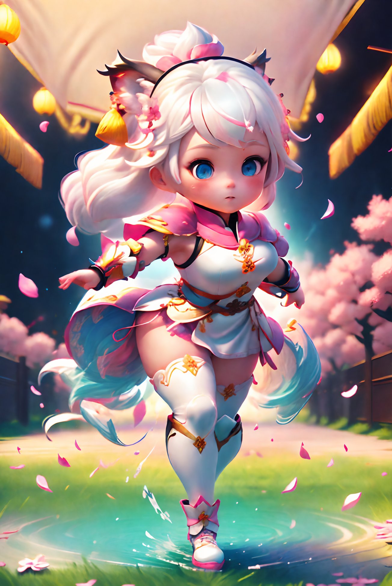 1 Girl, Blue Eyes, white Hair, Pink Armor, Chinese Armor, Pink Shawl, Athletic Pose, Night, Outdoors, Web Digital Lighting, Neon Lights, Web Colors, Cherry Blossoms, Petals, Reflective Floor, Splash, Ripples.