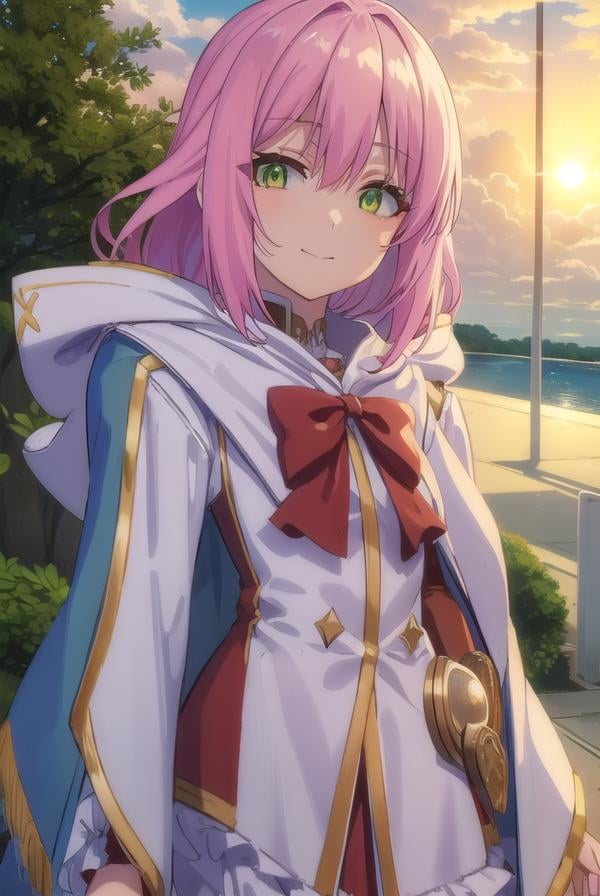 nornclatalissajioral, <lora:norn clatalissa jioral s1-lora-nochekaiser:1>,norn clatalissa jioral, long hair, hair between eyes, (green eyes:1.5), pink hair, smile,BREAK long sleeves, dress, bow, red bow, hood, robe, white robe,BREAK outdoors, forest, nature, grass, trees, sun, sky, clouds,BREAK looking at viewer, (cowboy shot:1.5),BREAK <lyco:GoodHands-beta2:1>, (masterpiece:1.2), best quality, high resolution, unity 8k wallpaper, (illustration:0.8), (beautiful detailed eyes:1.6), extremely detailed face, perfect lighting, extremely detailed CG, (perfect hands, perfect anatomy),