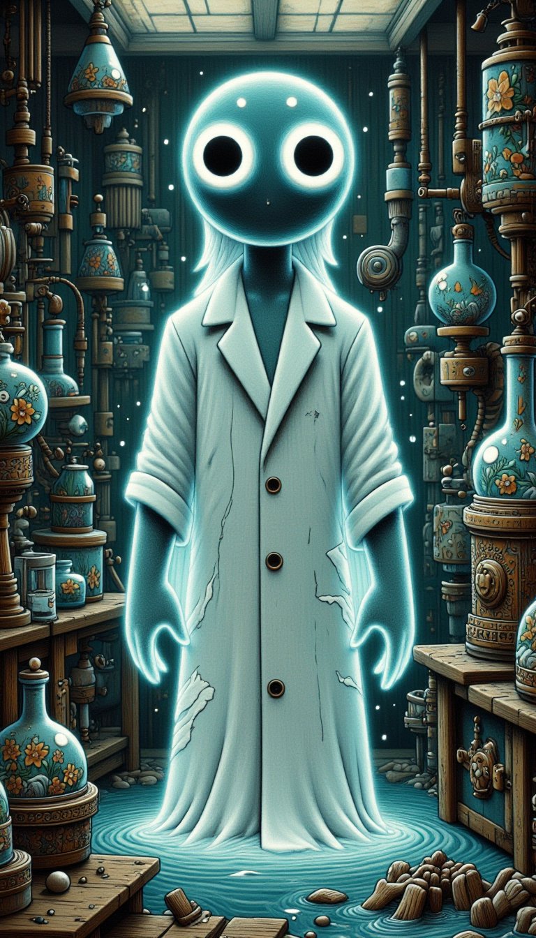 Ghostly figure, set in an abandoned underwater laboratory: glowing, translucent skin, flowing white lab coat with tattered edges, faint bioluminescent markings on arms, sunken eyes, corroded metal equipment, shattered glass containers, dark water flooding the room, faint hum of dying machinery, an aura of foreboding decay.