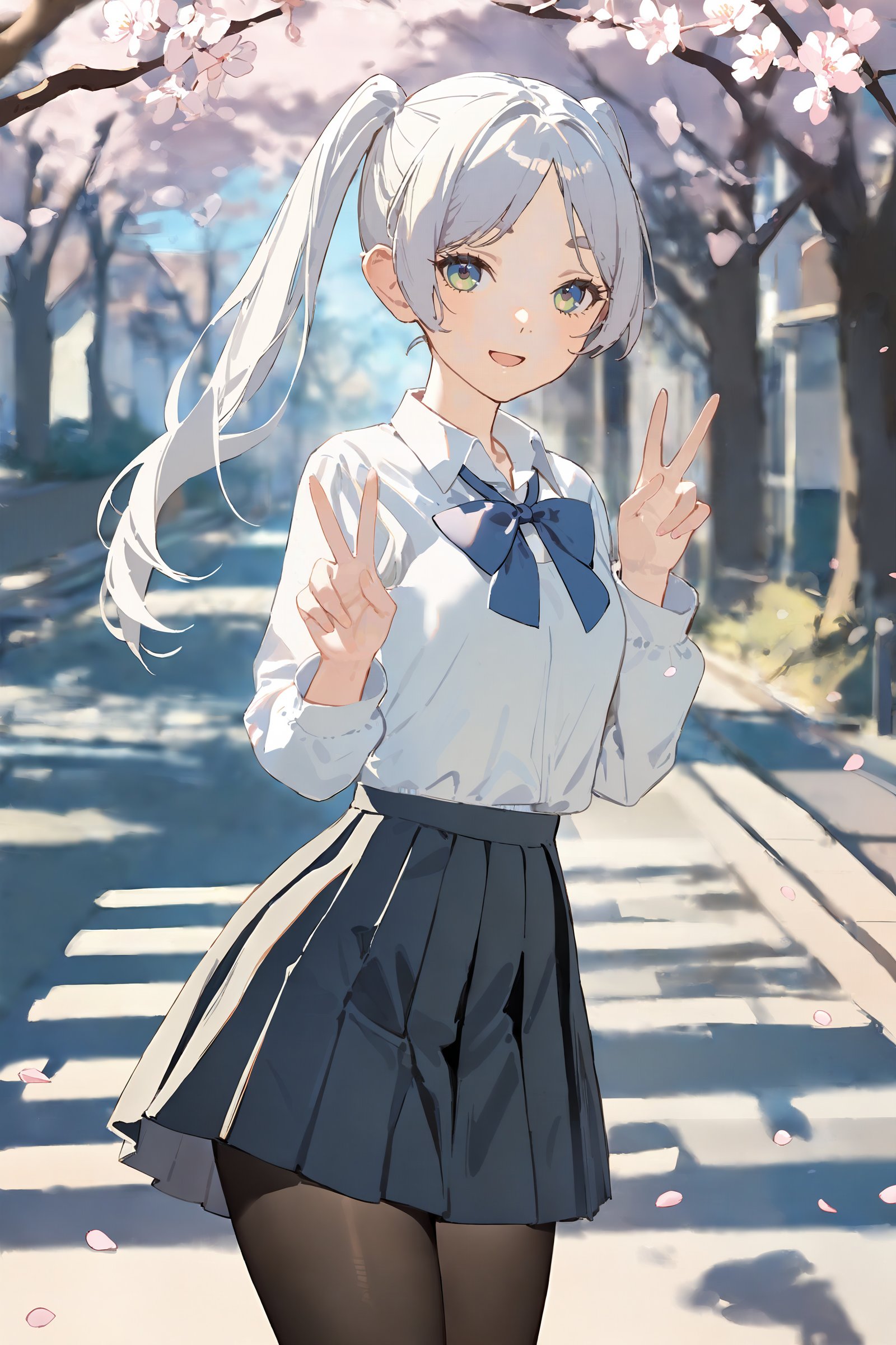 masterpiece, best quality, very aesthetic, ray tracing, newest, (hitenkei, askzy:0.4),1girl, frieren, twintails, solo, school uniform, white collared shirt, sweater, pleated skirt, pantyhose, light smile, double v, looking at viewer, smile, open mouth, outdoors, street, cherry blossoms, petals, depth of field  <lora:quality1:0:hr=2>,  <lora:Char-Frieren-XL-V1:0.9>