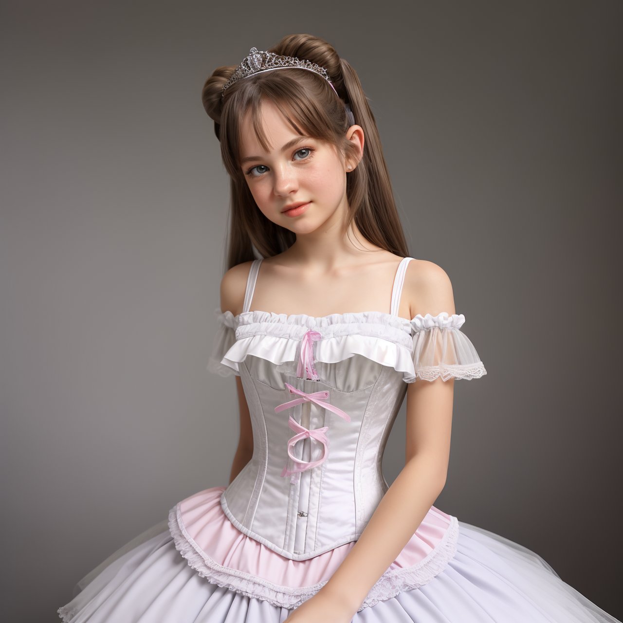 SFW, best quality, extra resolution, wallpaper, portrait of beautiful (AIDA_LoRA_BelK:1.25) <lora:AIDA_LoRA_BelK:0.73> in a corset and with a tiara posing for a picture on gray background, simple background, little girl, pretty face, beautiful child, naughty, funny, happy, playful, intimate, insane level of details, studio photo