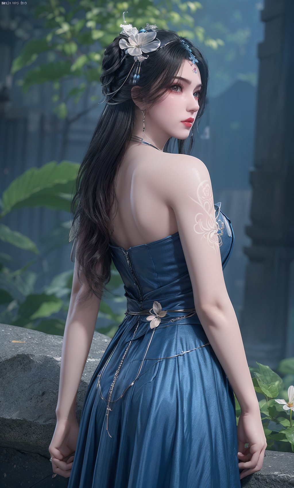 ,,masterpiece,(best quality),official art,extremely detailed cg 8k wallpaper,(extremely delicate and beautiful),solo,realistic,photo_\(medium\),cowboy shot,facial tattoo,(back cutout),adfxx,1girl,solo,earrings,flower,facial mark,hair bun,hair flower,black hair,hair ornament,realistic,<lora:40muwan-10:0.7>,adfxx,