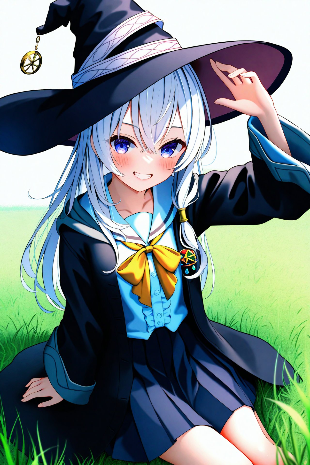 (masterpiece),(best quality),illustration,ultra detailed,hdr,Depth of field,(colorful),nai3 Style,1girl,elaina (majo no tabitabi),solo,hat,witch hat,long hair,skirt,black headwear,smile,white hair,sailor collar,shirt,pleated skirt,blue eyes,long sleeves,hair between eyes,hand on headwear,sitting,white shirt,looking at viewer,bow,blush,robe,black robe,black skirt,open robe,white background,white sailor collar,purple eyes,grin,yellow bow,school uniform,bowtie,open clothes,grass,black coat,