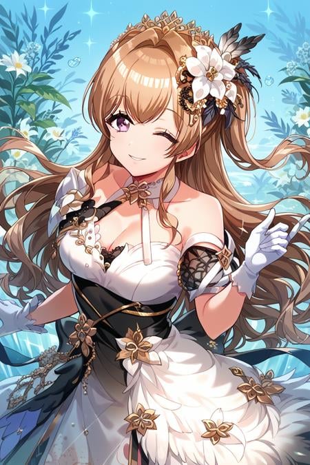 score_9, score_8_up, score_7_up, score_6_up, <lora:Kase_Mana:0.9> kase, 1girl, one eye closed, gloves, breasts, flower, smile, long hair, solo, dress, purple eyes, cleavage, white gloves, hair ornament, brown hair, looking at viewer, navig