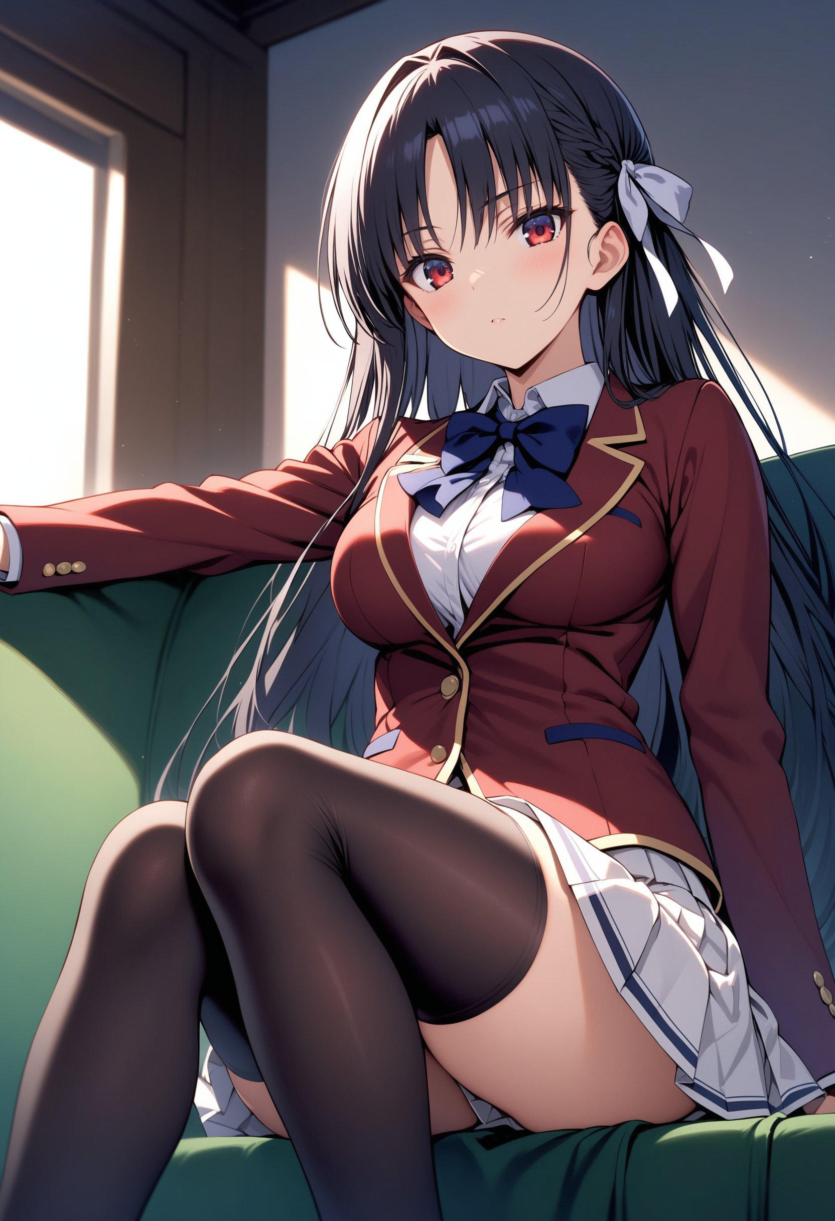 masterpiece, best quality, ultra detailed, very aesthetic,1girl, horikita suzune, youkoso jitsuryoku shijou shugi no kyoushitsu e, black hair, red eyes, medium breasts, advanced nurturing high school uniform, school uniform, blue bowtie, collared shirt, red jacket, white skirt, black thighhighs, ribbon, pleated skirt, sitting, looking at viewer,