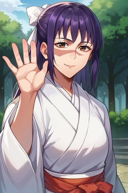 score_9, score_8_up, score_7_up, score_6_up, score_5_up, score_4_up, rating_questionable, , source_anime, digital illustration, pixiv, fanbox, uncensored, , BREAK, official art,1girl, solo, female, utahime, purple hair, brown eyes, hair ribbon, face scar,japanese clothes, miko, upper body, waving, outdoors, light smile, cowboy shot, looking at viewer, colorful, vivid,,   <lora:Utahime_Iori_Pony_Large-09:1.0>