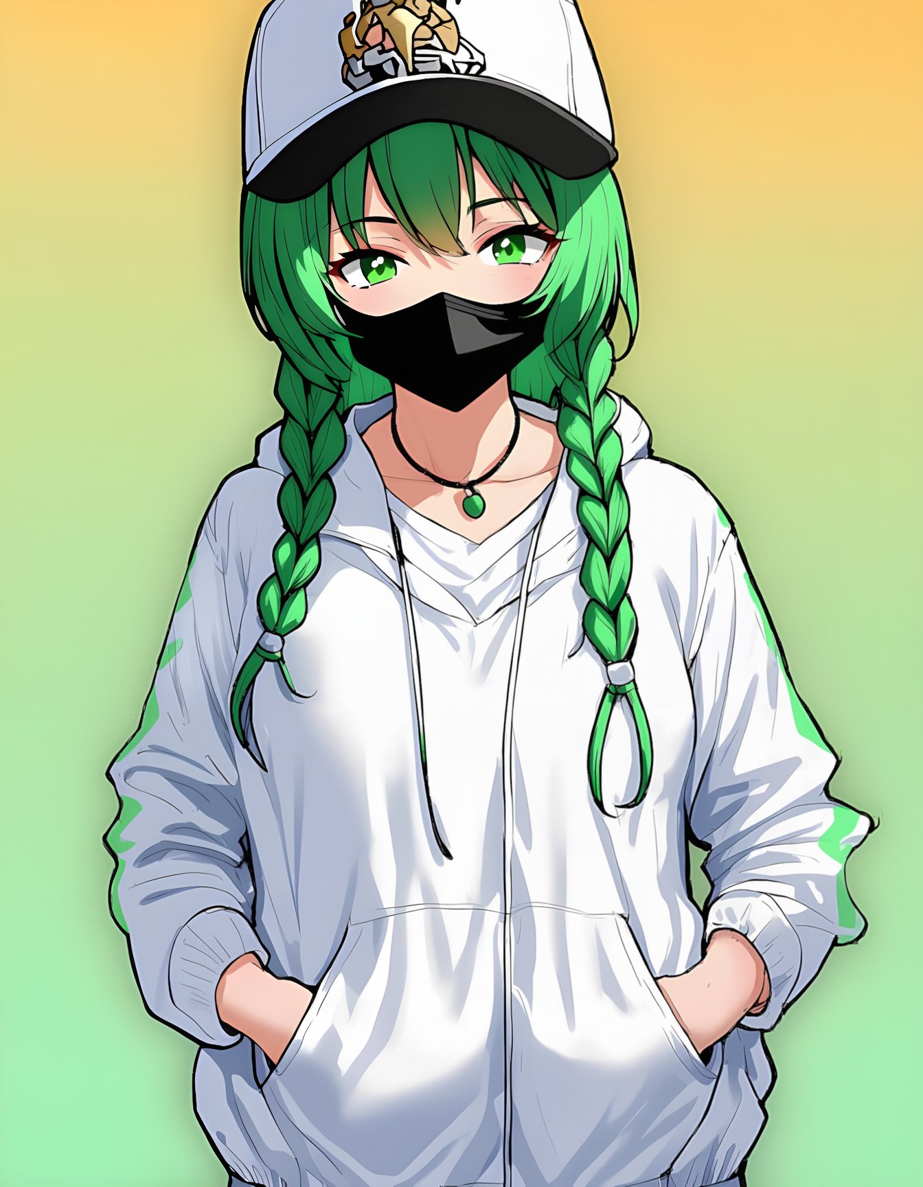 1girl, long hair, looking at viewer, simple background, shirt, long sleeves, hat, jewelry, green eyes, jacket, collarbone, white shirt, upper body, braid, multicolored hair, open clothes, green hair, virtual youtuber, hood, necklace, open jacket, twin braids, mask, white headwear, white jacket, hood down, hooded jacket, hair over shoulder, baseball cap, mouth mask, orange background, hands in pockets, black mask,