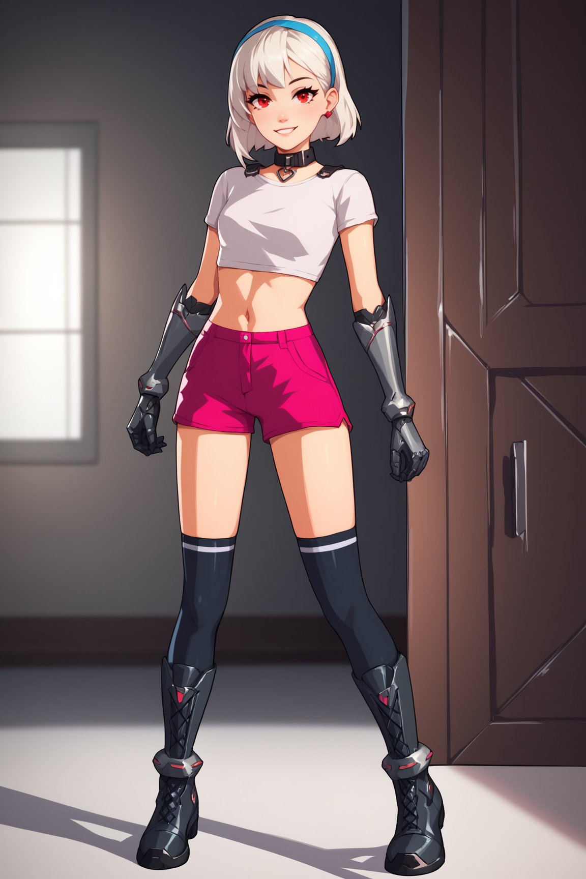 score_9, score_8_up, score_7_up, score_6_up, score_5_up, score_4_up, LexaFEXL, red eyes, white hair, short hair, blue hairband, bangs, black collar, mechanical arms, small breasts, white crop top, short sleeves, navel, pink shorts, black thighhighs, black boots, solo, full body, standing, seductive smile, looking at viewer, indoors <lora:LexaFEXL:0.8>