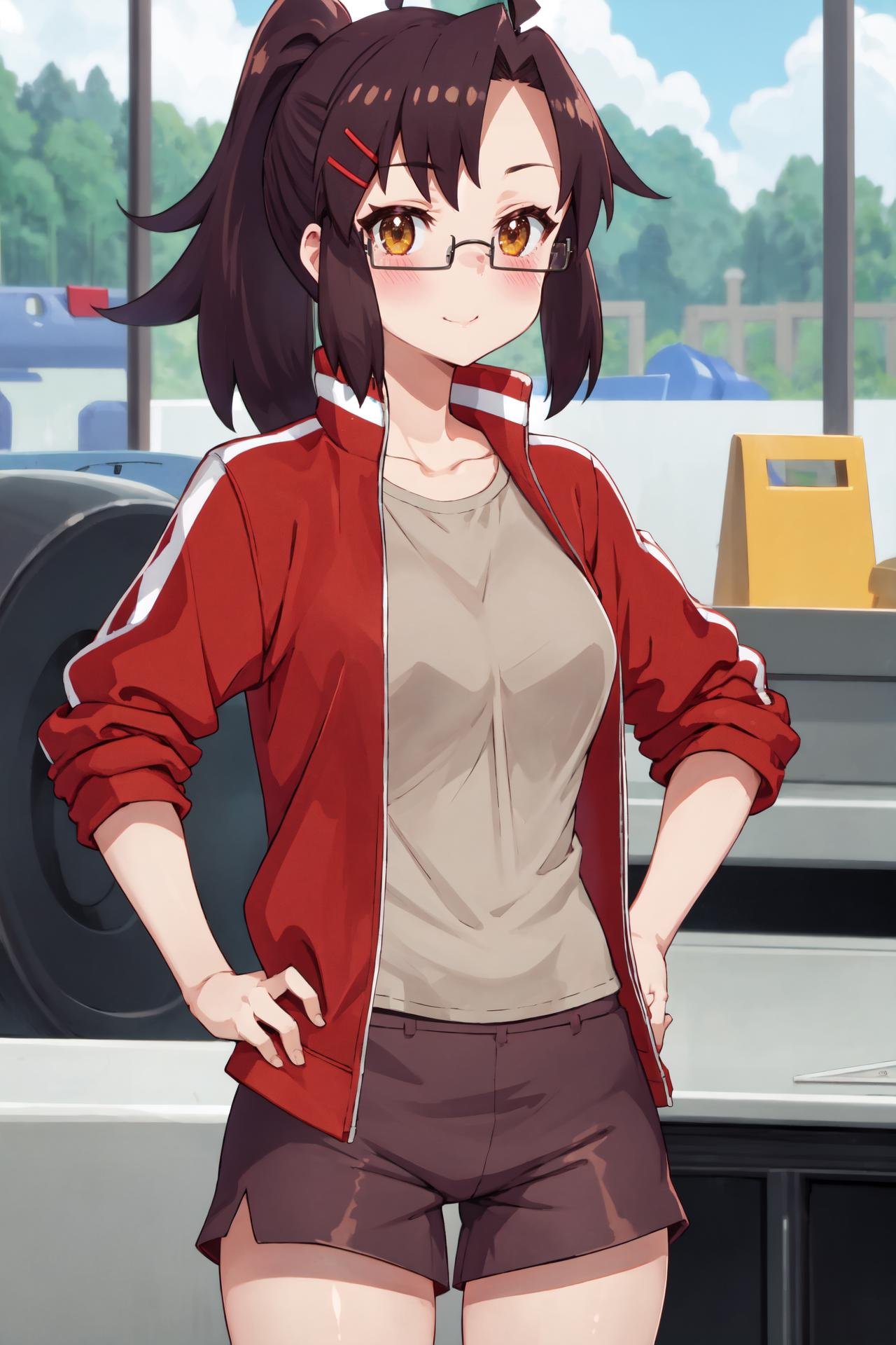 Masterpiece, best quality, perfect lighting, ((nice hands)), perfect hands, 1girl, solo, yasuko, brown hair, ahoge, ponytail, hair barettes, amber eyes, square black glasses, tan shirt, red tracksuit top, maroon shorts, looking at viewer, blush, hands on hips, <lora:Yasuko:0.75>