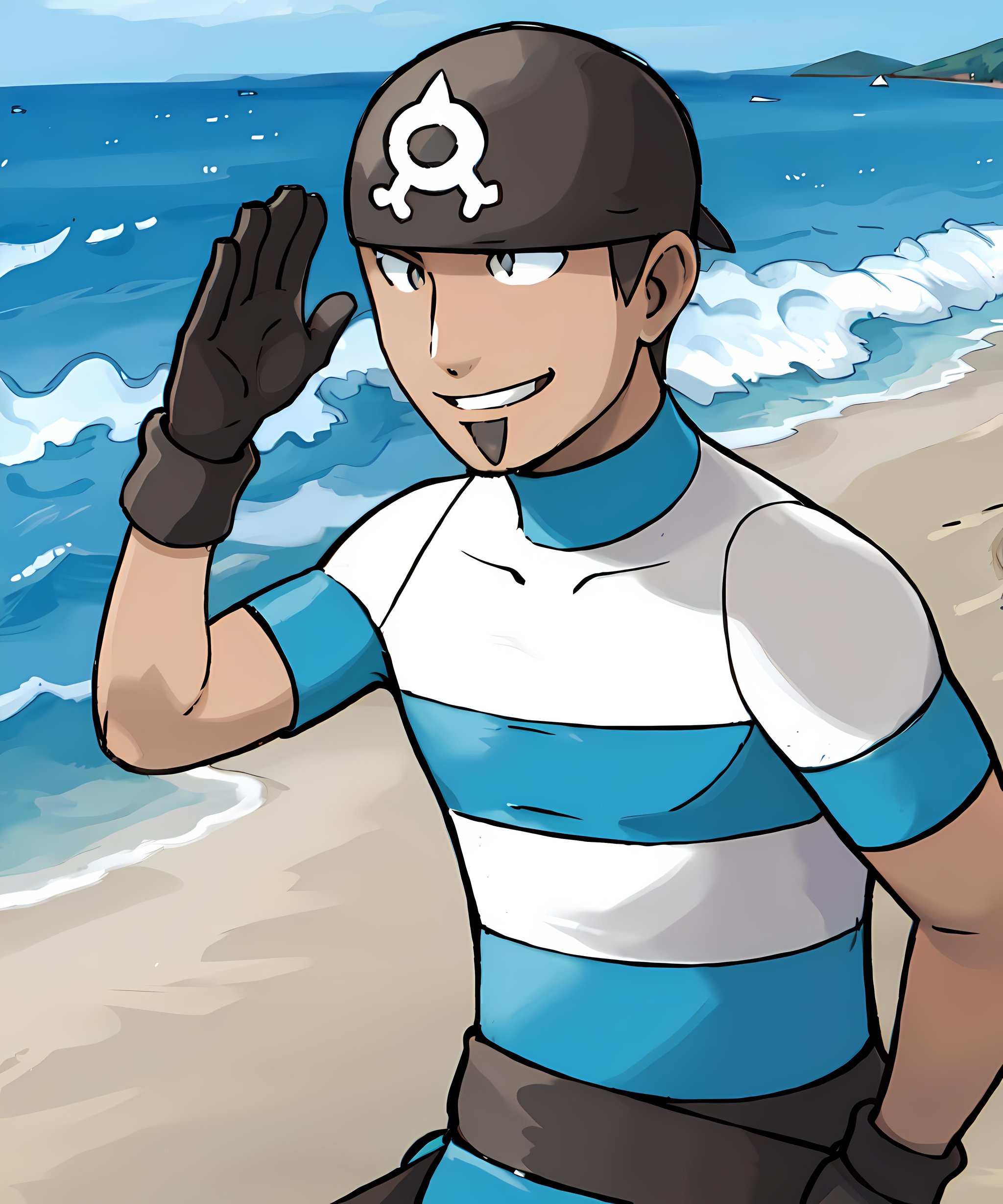 team_aqua_grunt_male, gloves, beach, smile <lora:Team_Aqua_Grunt_Male:0.85>  sugimori ken \(style\) <lora:pokemon_v3_offset:1>