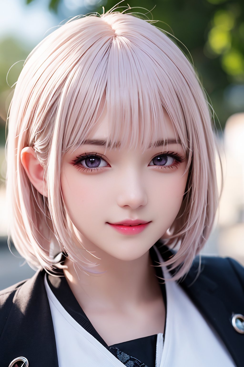 intricate details, thin, slim, beautiful girl, Light pink hair, white skin, purple eyes, sharp jawline, cropped jacket, messy hair, lips, upper body, close up, smirk, outdoors,