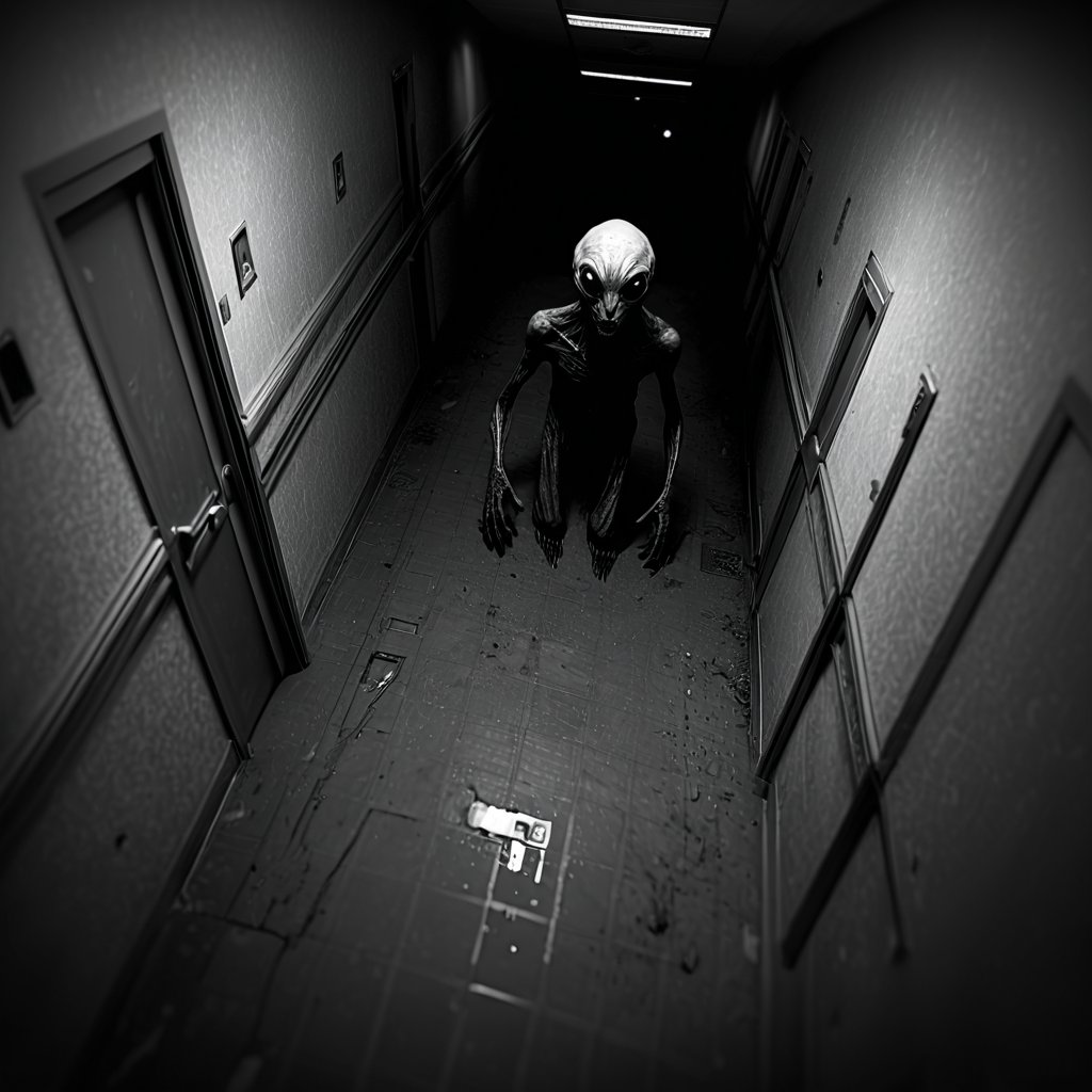 horrorcctvlora, abandoned hallway, horror (theme), alien, monochrome, bird view, looking at viewer