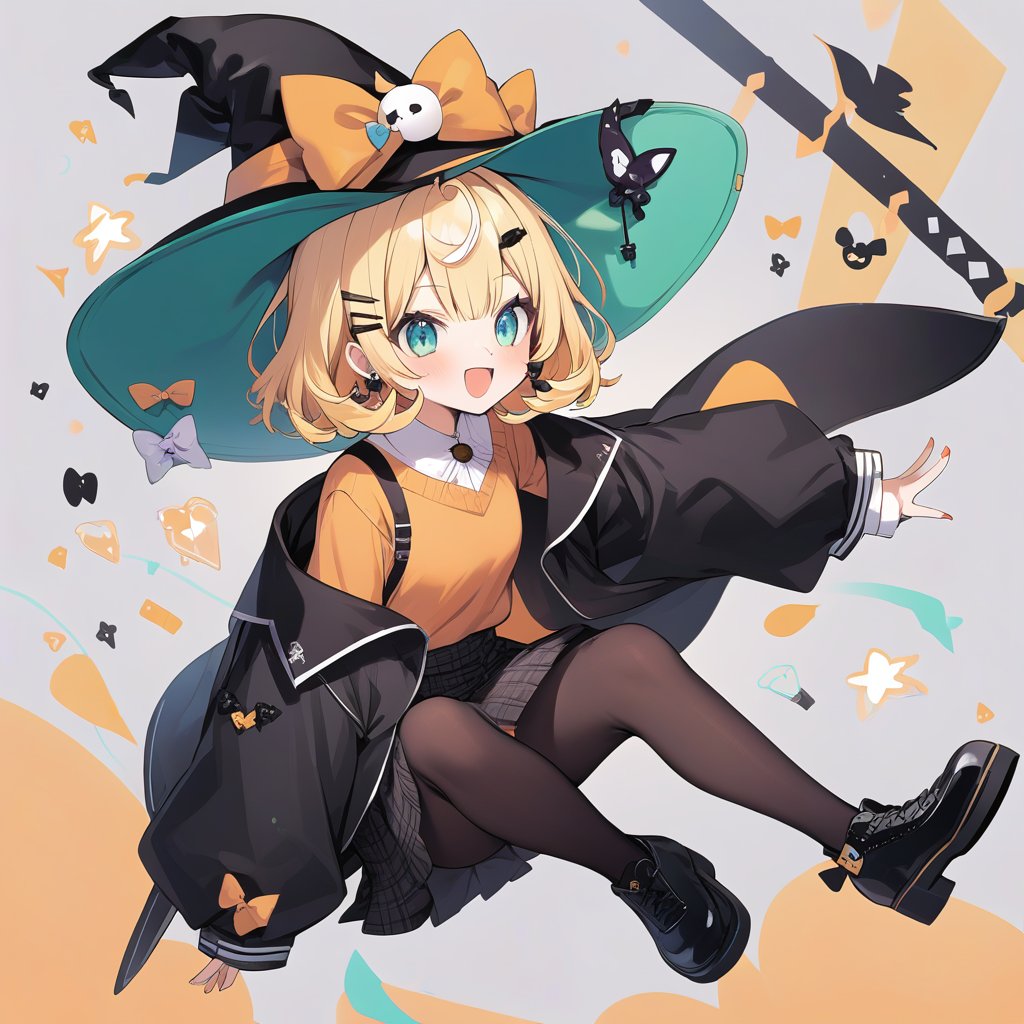 millie_parfait, blond hair, short hair, hairpin, big black witch hat, green hats lining, black jacket, orange sweater, black skirt, black pantyhose, black footwear, orange bow<lora:EMS-390871-EMS:0.500000>