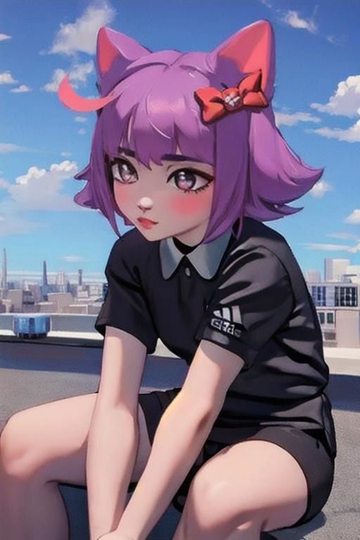 masunya drinks beer, black adidas uniform, sitting on the rooftop, cat ears, hair bow, detailed eyes