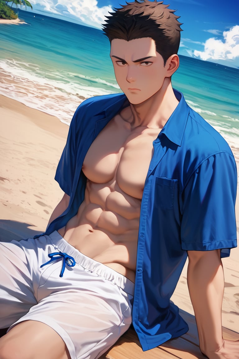 score_9,score_8_up,score_7_up, solo male, Isami Ao \(Brave Bang Bravern\), black hair, (short hair, neat hair, bare forehead:1.5), brown eyes, sanpaku, constricted pupils, blue shirt, open shirt, white shorts, pecs, abs, (upperbody), view from front, mature, handsome, charming, alluring, masculine, serious, close mouth, sitting, bar, hawaii, perfect anatomy, perfect proportions, best quality, masterpiece, high_resolution, dutch angle, photo background, beach, night<lora:EMS-369096-EMS:0.800000>