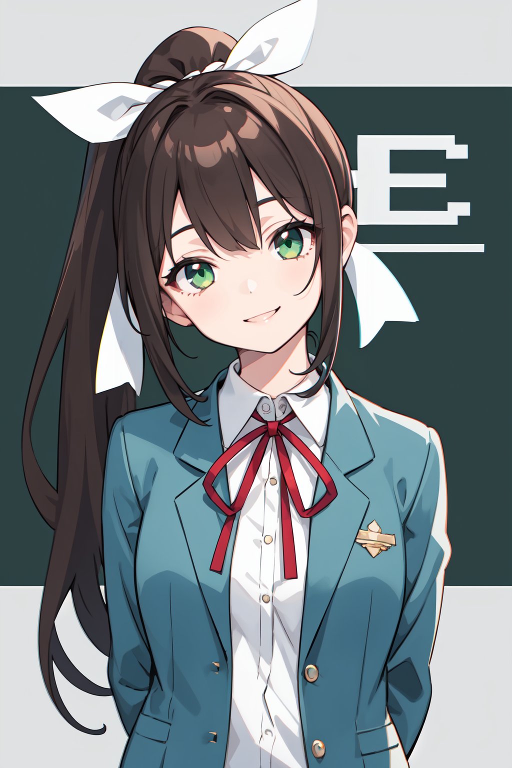 1girl, , arms behind back, brown hair, character name, chromatic aberration, collared shirt, glitch, green eyes, grey jacket, hair ribbon, head tilt, jacket, long hair, looking at viewer, neck ribbon, ponytail, red ribbon, ribbon, school uniform, shirt, smile, solo, upper body, very long hair, white ribbon, white shirt, 