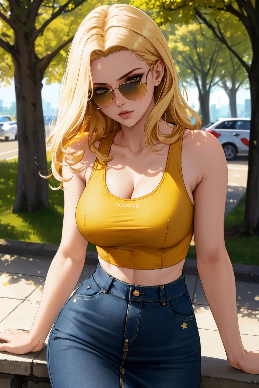 cleavage, woman, from_above, crop top, detailed face, yellow bodycon tank top, hair, park, sky, trees, pale skin, moonlight, stars, 1girl, statement sunglasses, woman,petite, vivid colors, bokeh background, subject for emphasis,dramatic colors,